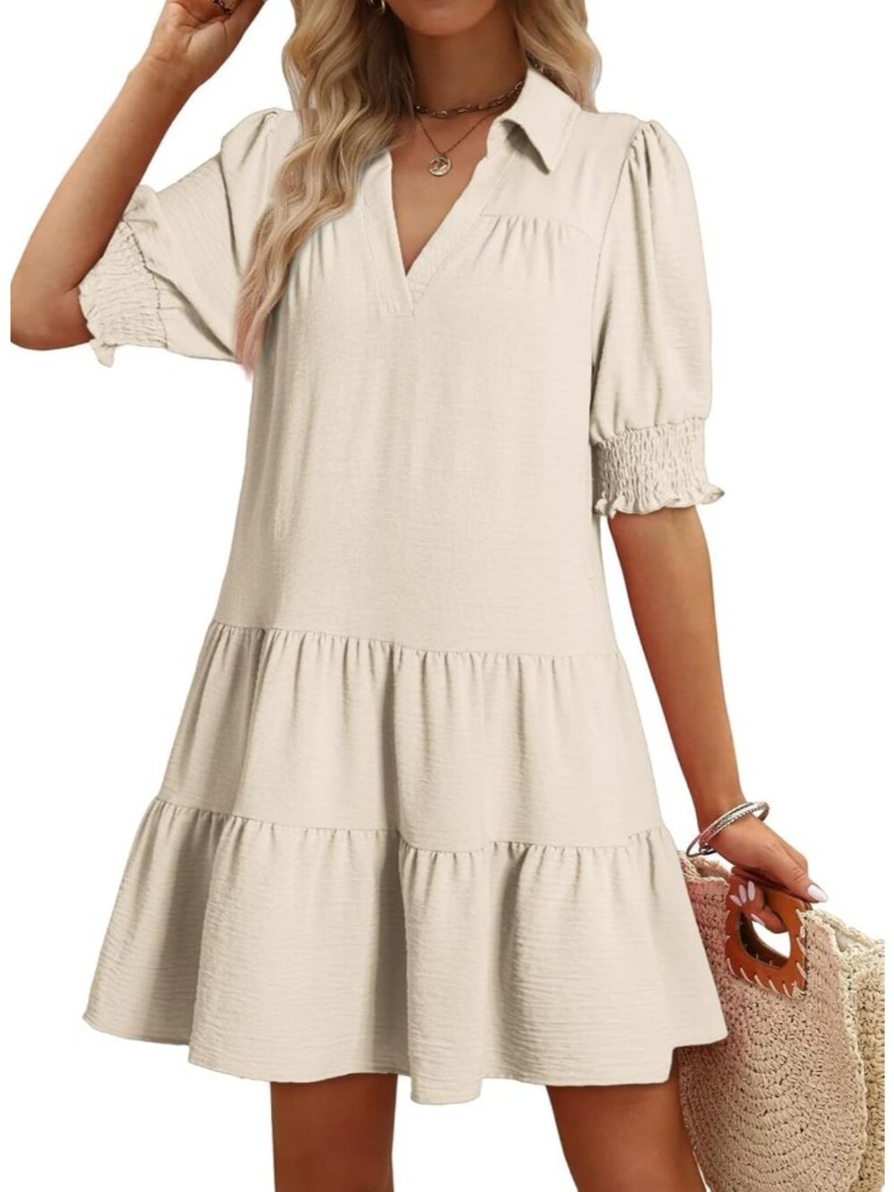 Women's Lapel Collared V Neck Mid Sleeved Pleated Summer Beige Midi Dress